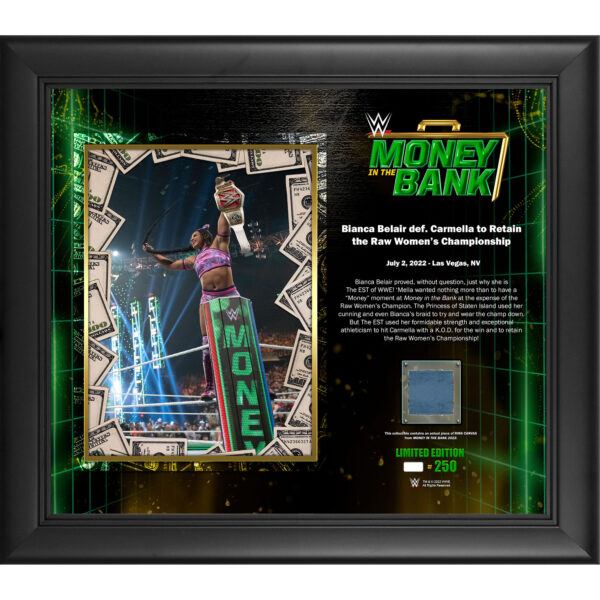 Bianca Belair Framed 15'' x 17'' 2022 Money in the Bank Collage with a Piece of Match-Used Canvas - Limited Edition of 250