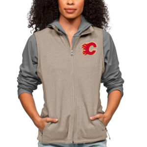 Women's Antigua Oatmeal Calgary Flames Primary Logo Course Full-Zip Vest