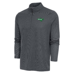 Men's Antigua Heather Charcoal New York Jets Team Logo Throwback Quarter-Zip Pullover Top