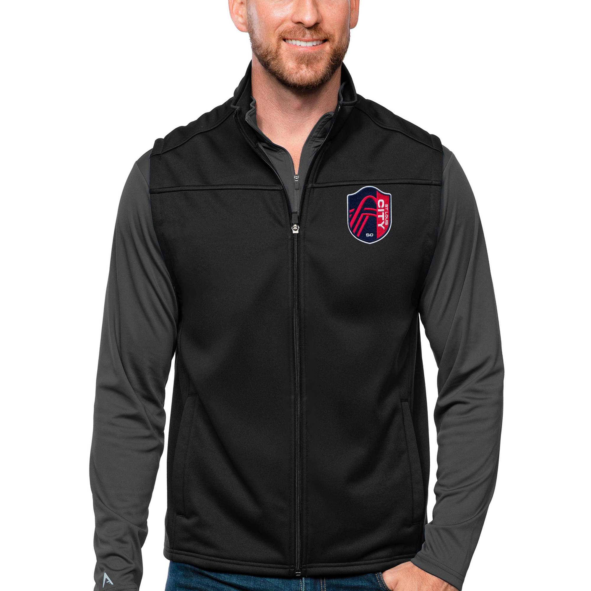 Men's Antigua Black St. Louis City SC Primary Team Logo Links Full-Zip Golf Vest