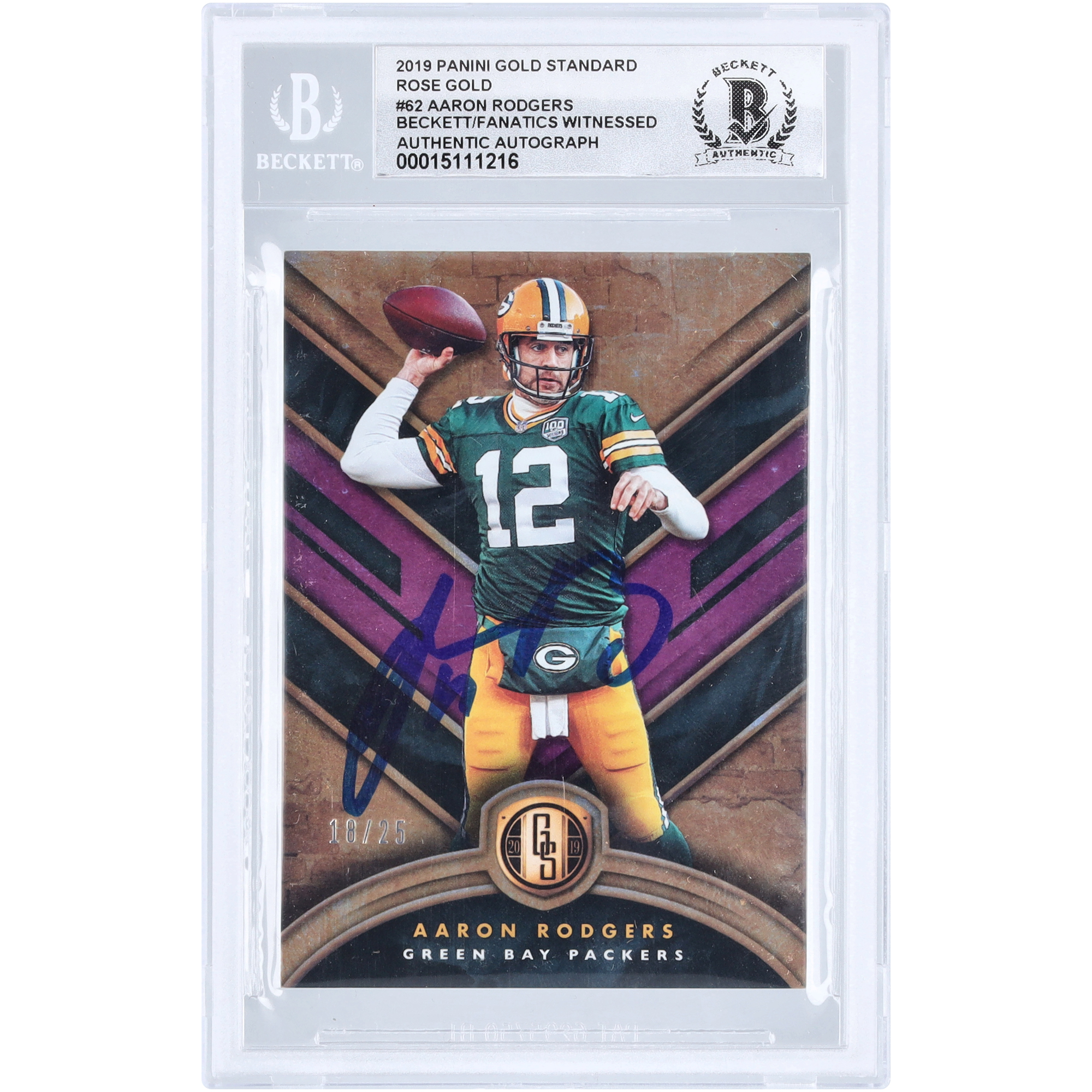 Aaron Rodgers Green Bay Packers Autographed 2019 Panini Gold Standard Rose Gold Variation #62 #18/25 Beckett Fanatics Witnessed Authenticated 10 Card - Image 4