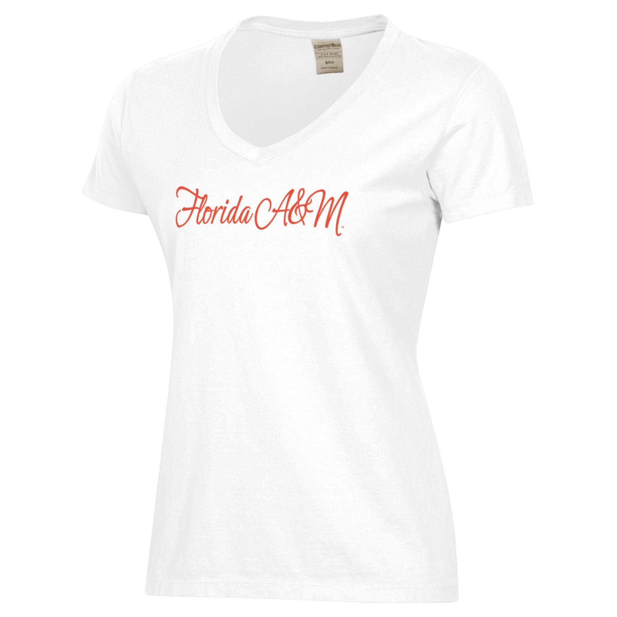 Women's White Florida A&M Rattlers Script Logo Comfort Wash V-Neck T-Shirt - Image 6