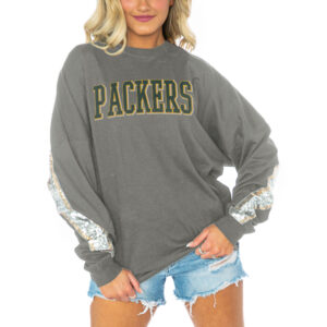 Women's Gameday Couture  Gray Green Bay Packers Glitz Sequin Long Sleeve T-Shirt