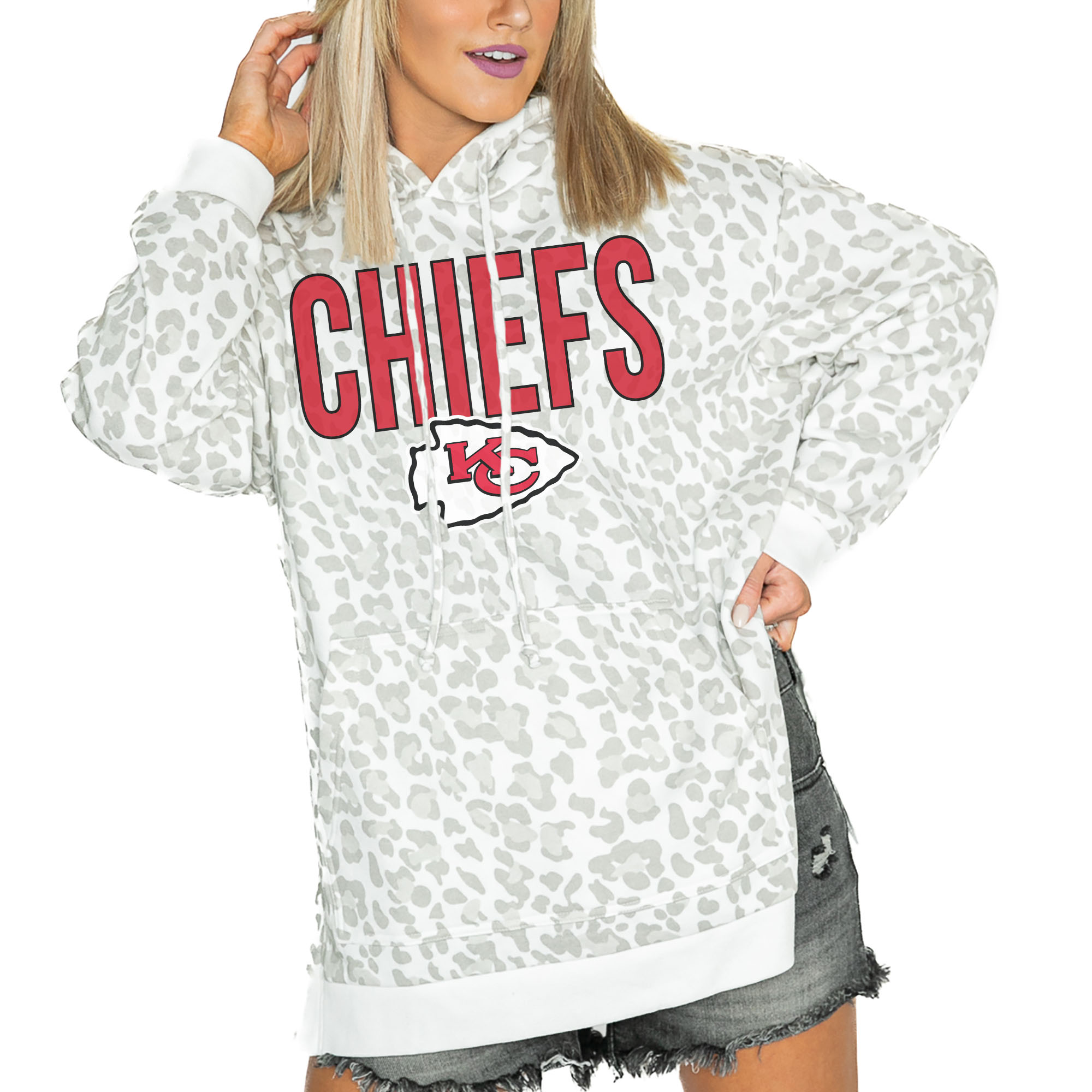 Womens' Gameday Couture White Kansas City Chiefs Leopard Side Slit Pullover Hoodie