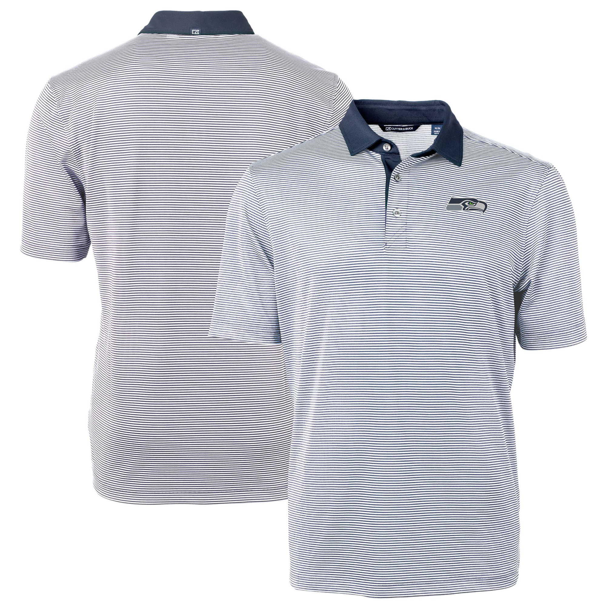 Men's Cutter & Buck Navy/White Seattle Seahawks Big & Tall Virtue Eco Pique Micro Stripe Recycled Polo - Image 2