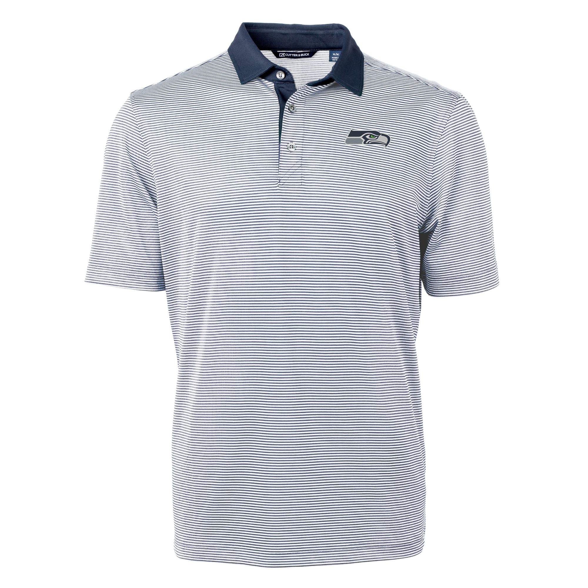 Men's Cutter & Buck Navy/White Seattle Seahawks Big & Tall Virtue Eco Pique Micro Stripe Recycled Polo - Image 6
