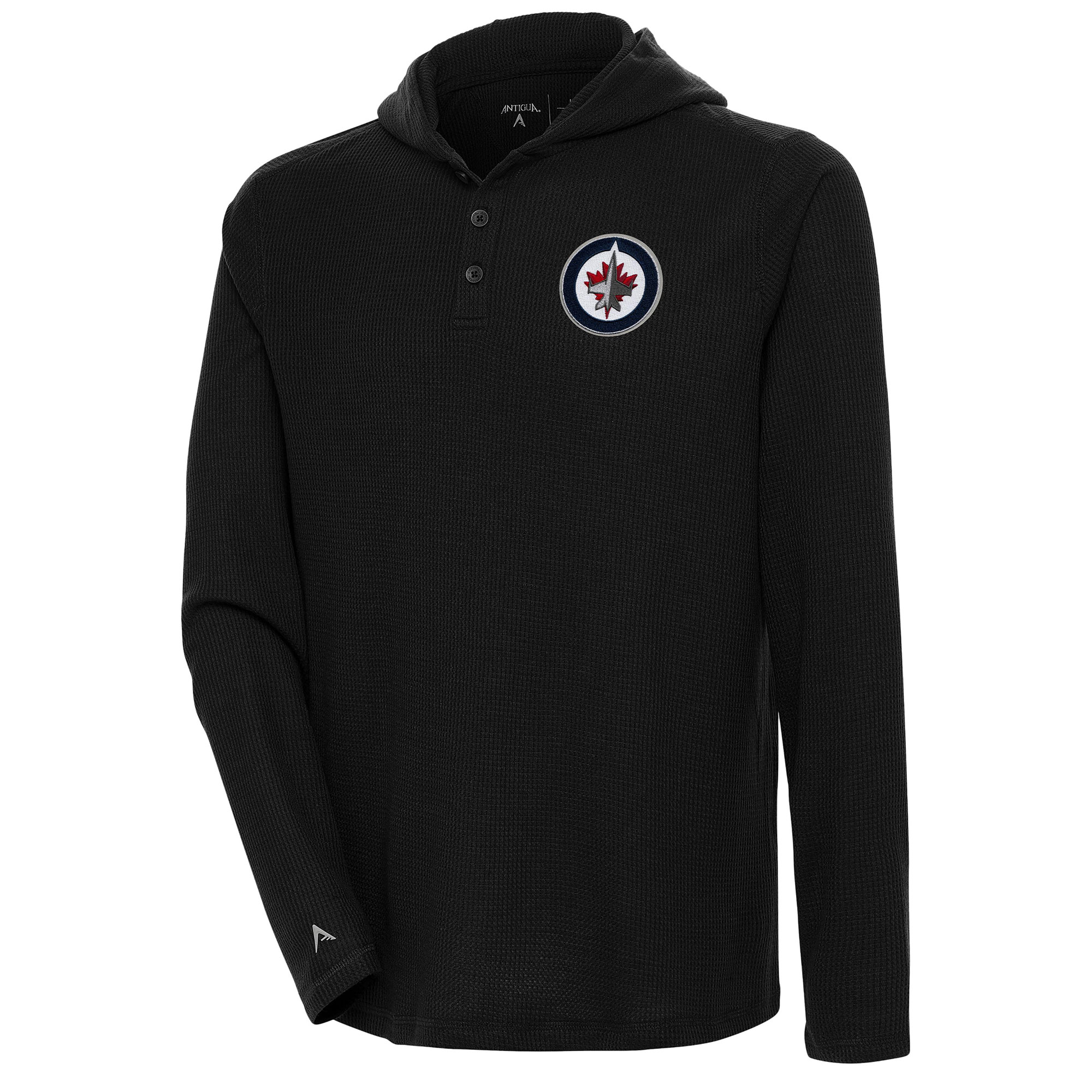 Men's Antigua Black Winnipeg Jets Strong Hold Long Sleeve Henley Hoodie T-Shirt