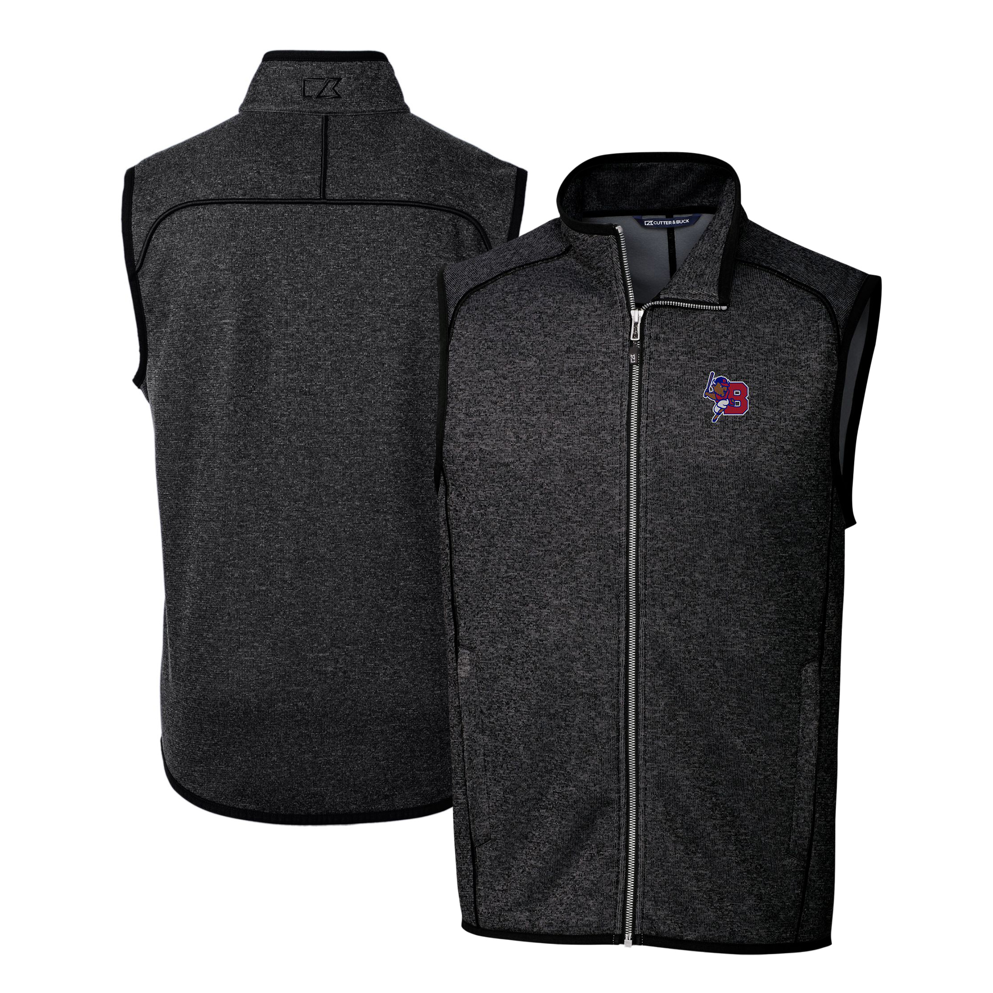 Men's Cutter & Buck Heather Charcoal Buffalo Bisons Mainsail Sweater-Knit Full-Zip Vest