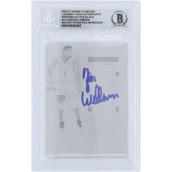 Zion Williamson New Orleans Pelicans Autographed 2020-21 Panini Flawless Laundry Tags Black Printing Plate #13 #1/1 Beckett Fanatics Witnessed Authenticated 10 Card