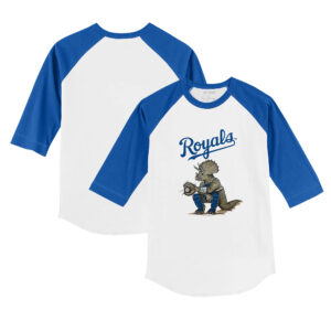 Toddler Tiny Turnip White/Royal Kansas City Royals Triceratops 3/4-Sleeve Raglan T-Shirt