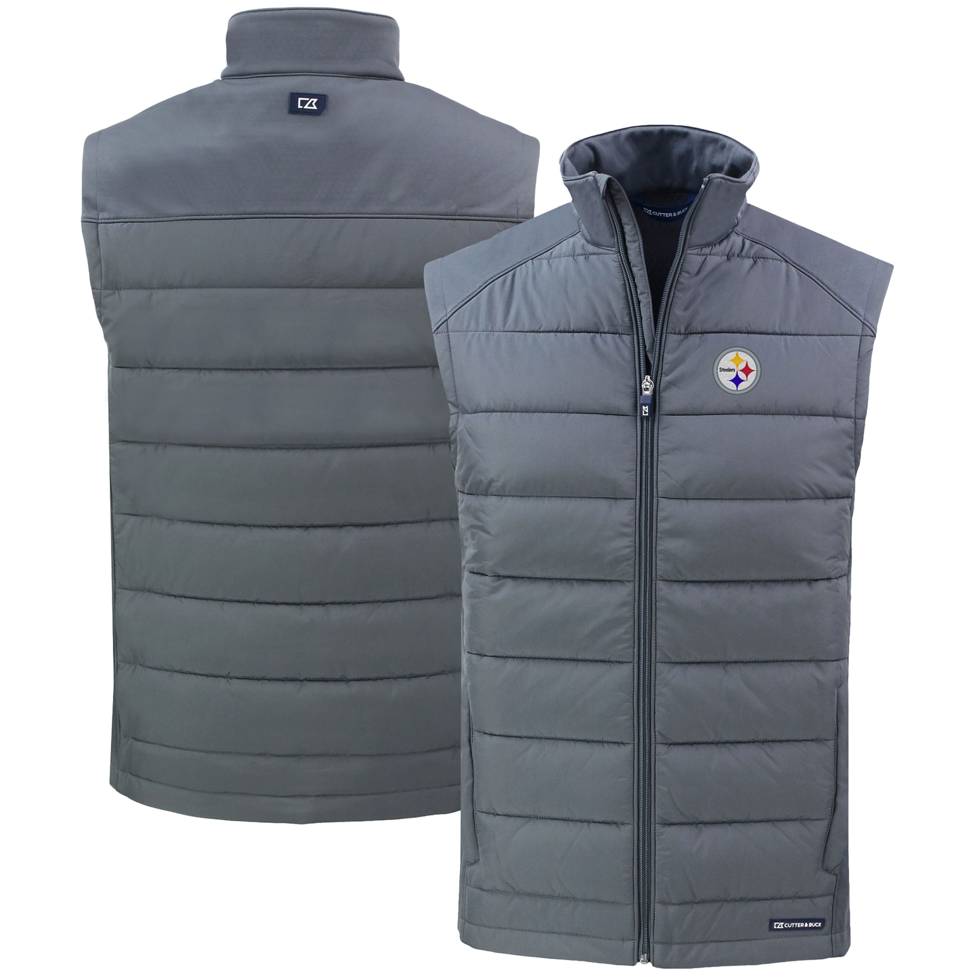 Men's Cutter & Buck Gray Pittsburgh Steelers Primary Mark Evoke PrimaLoft Hybrid Eco Softshell Recycled Full-Zip Vest