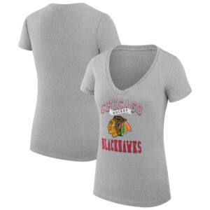 Women's G-III 4Her by Carl Banks Heather Gray Chicago Blackhawks Team Logo Graphic V-Neck Fitted T-Shirt