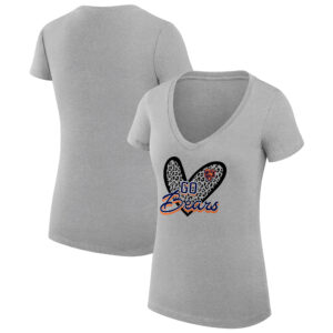 Women's G-III 4Her by Carl Banks Heather Gray Chicago Bears Leopard Heart Fitted V-Neck T-Shirt