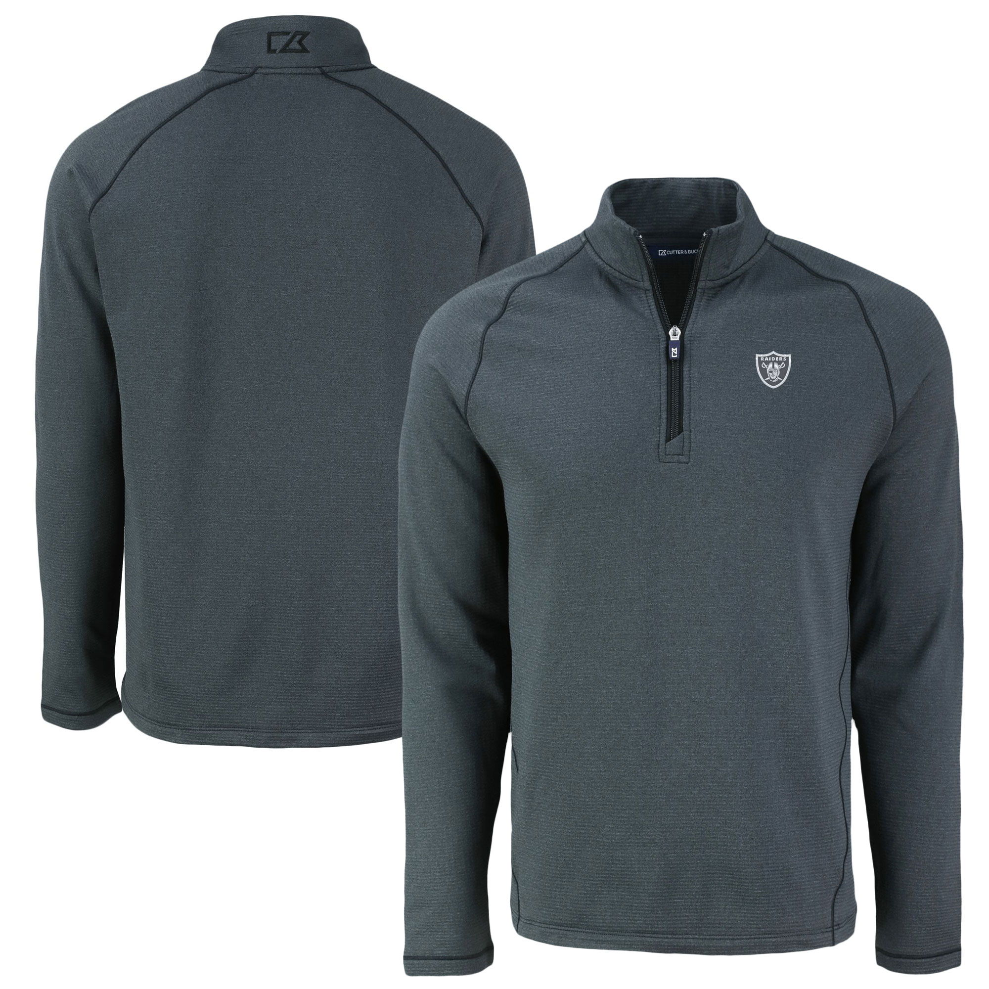 Men's Cutter & Buck Heather Black Las Vegas Raiders Peshastin Eco Fleece Tri-Blend Raglan Recycled Quarter-Zip Jacket