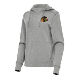 Women's Antigua Heather Gray Chicago Blackhawks Justice Pullover Hoodie