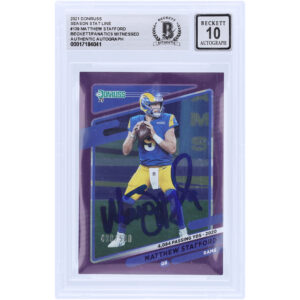Matthew Stafford Los Angeles Rams Autographed 2021 Panini Donruss Purple Season Stat Line #139 #/500 Beckett Fanatics Witnessed Authenticated 10 Card