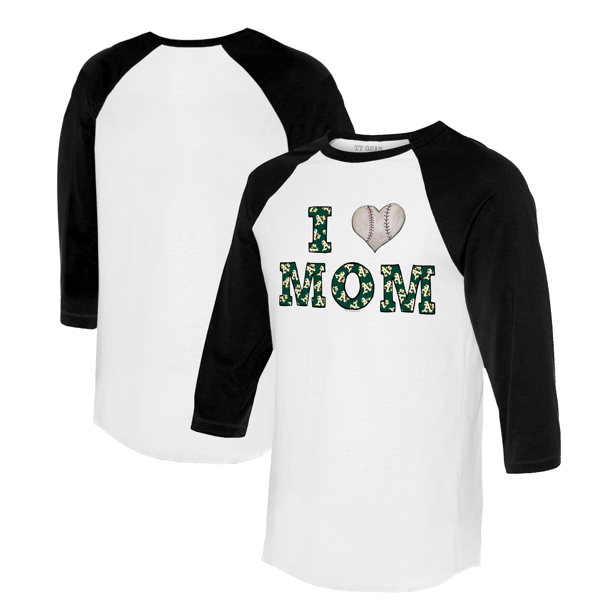 Women's Tiny Turnip White/Black Oakland Athletics I Love Mom 3/4-Sleeve Raglan T-Shirt - Image 5