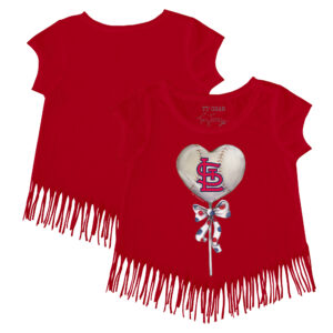 Girls Youth Tiny Turnip Red St. Louis Cardinals Heart Lolly Fringe T-Shirt
