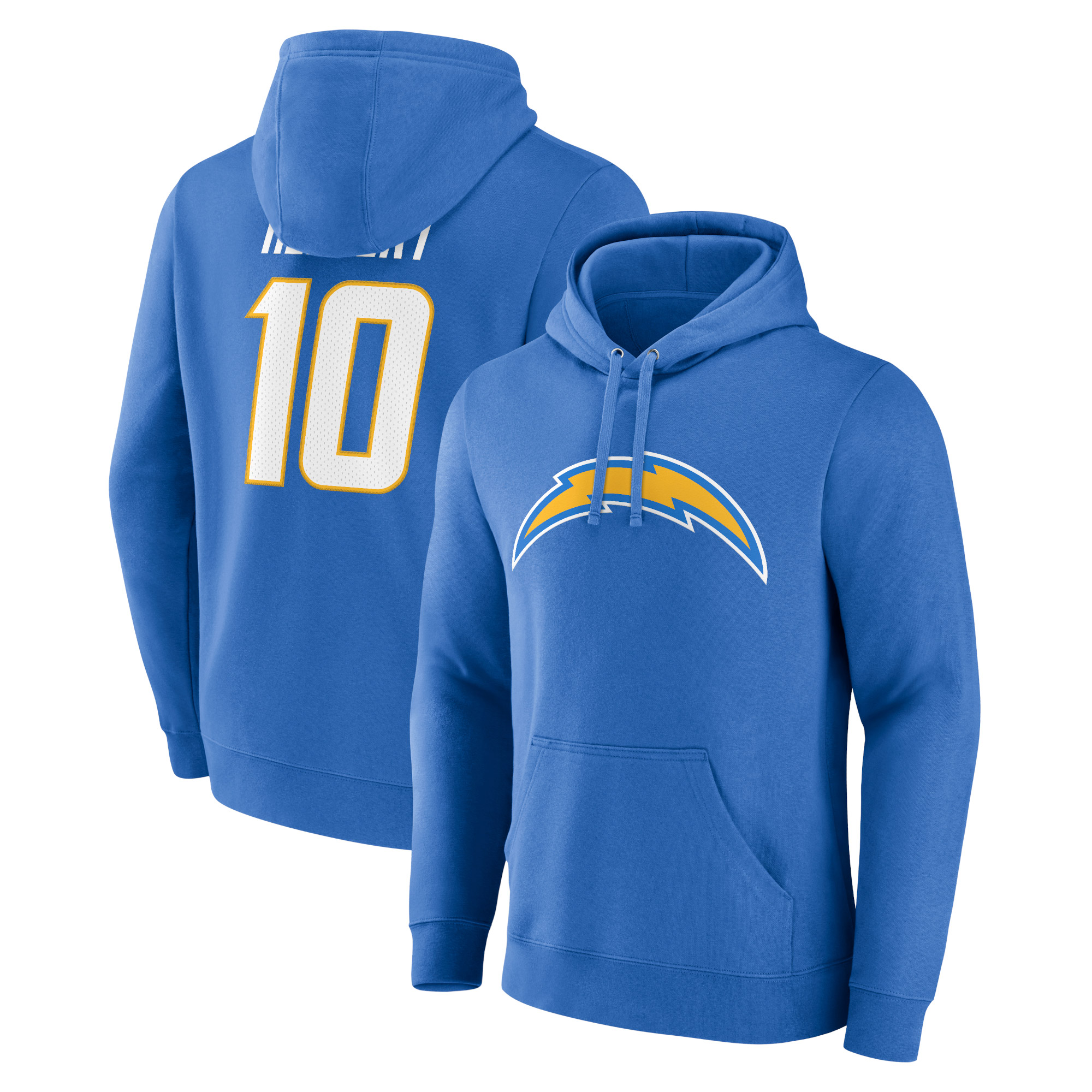 Men's Fanatics Justin Herbert Powder Blue Los Angeles Chargers Player Icon Name & Number Pullover Hoodie