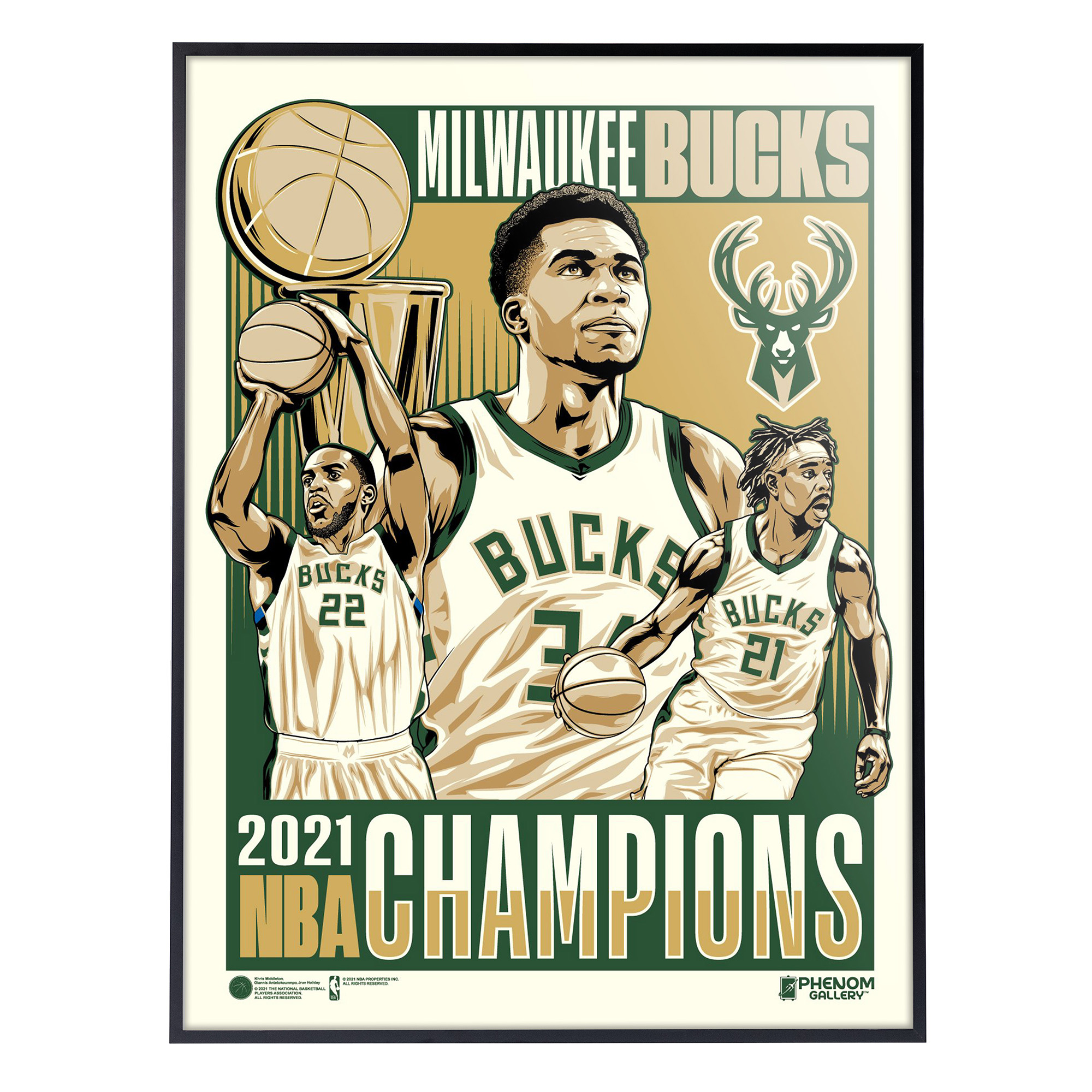 Phenom Gallery Milwaukee Bucks 2021 NBA Champions 18'' x 24'' Deluxe Framed Serigraph Print