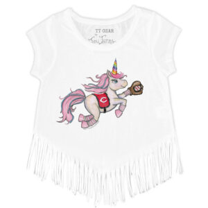 Girls Toddler Tiny Turnip White Cincinnati Reds Unicorn Fringe T-Shirt