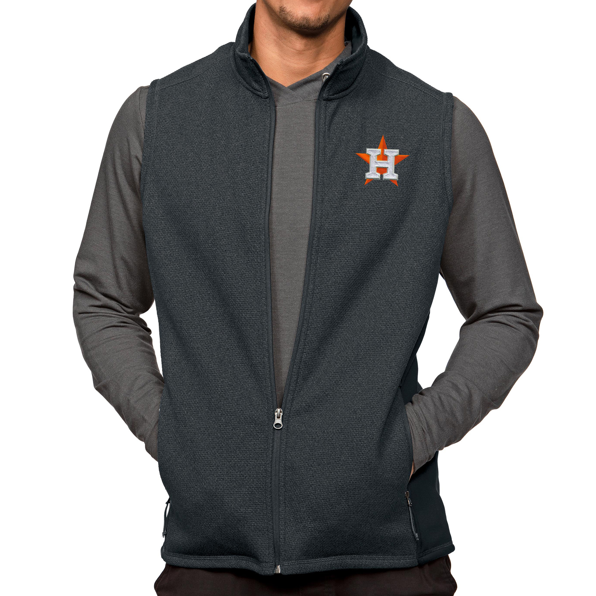 Men's Antigua Heathered Charcoal Houston Astros Course Full-Zip Vest