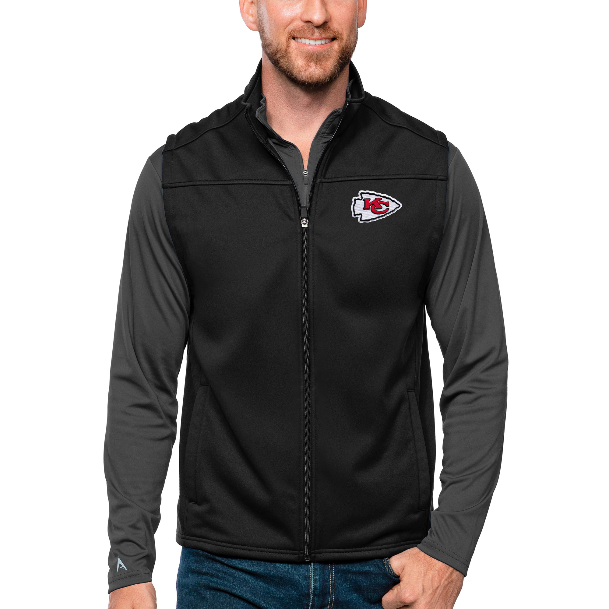 Men's Antigua Black Kansas City Chiefs Links Full-Zip Golf Vest