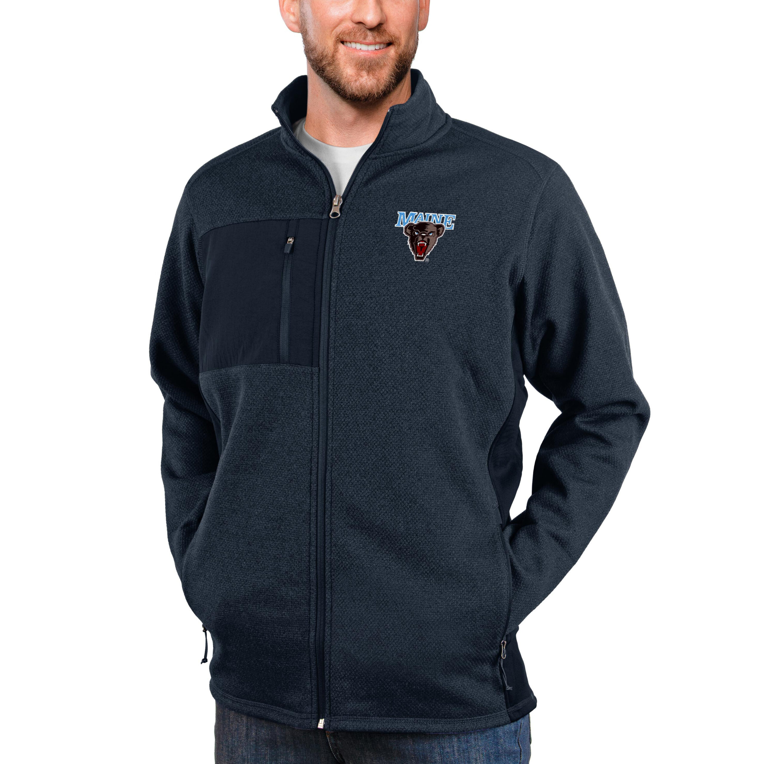Men's Antigua Heather Navy Maine Black Bears Course Full-Zip Jacket