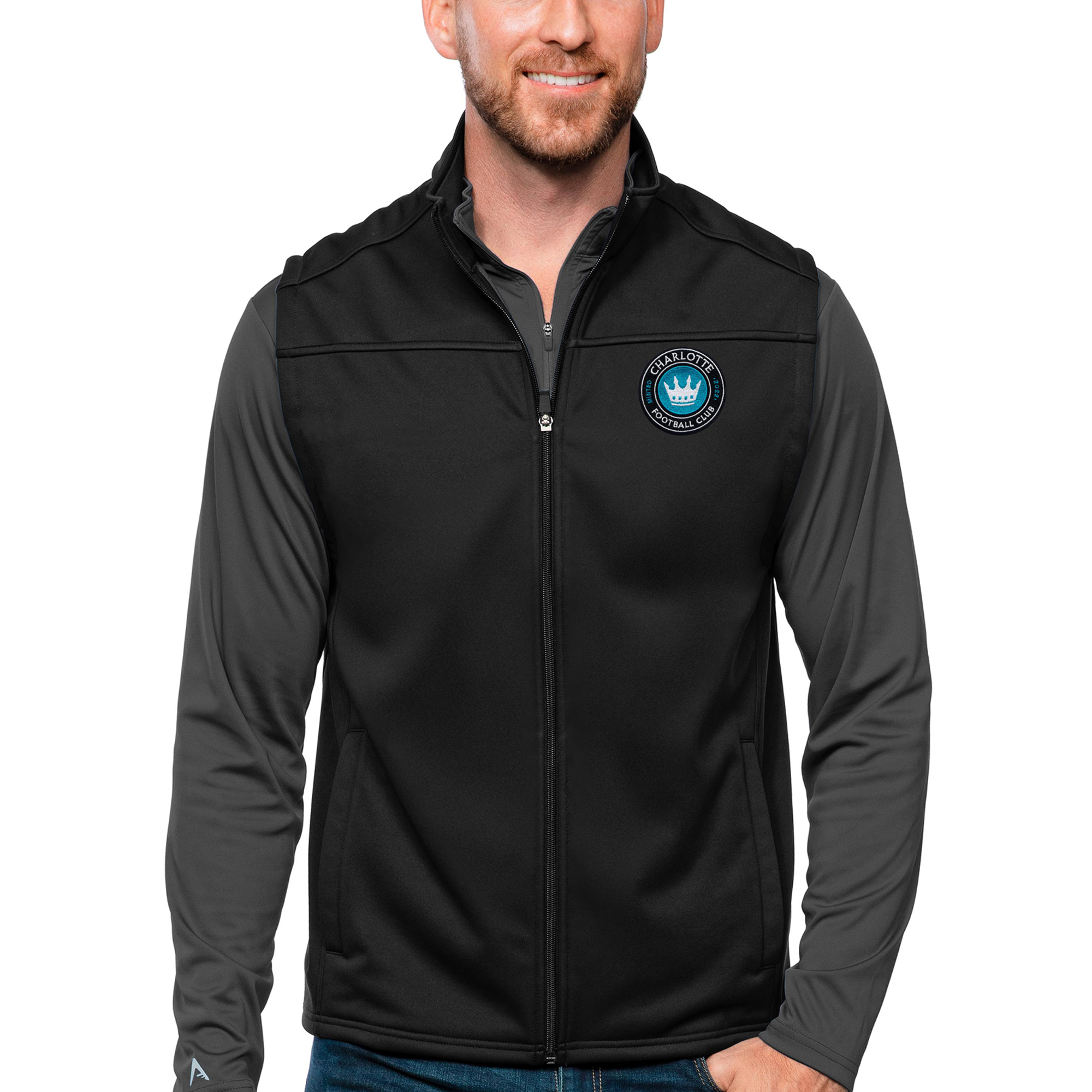 Men's Antigua Black Charlotte FC Primary Team Logo Links Full-Zip Golf Vest