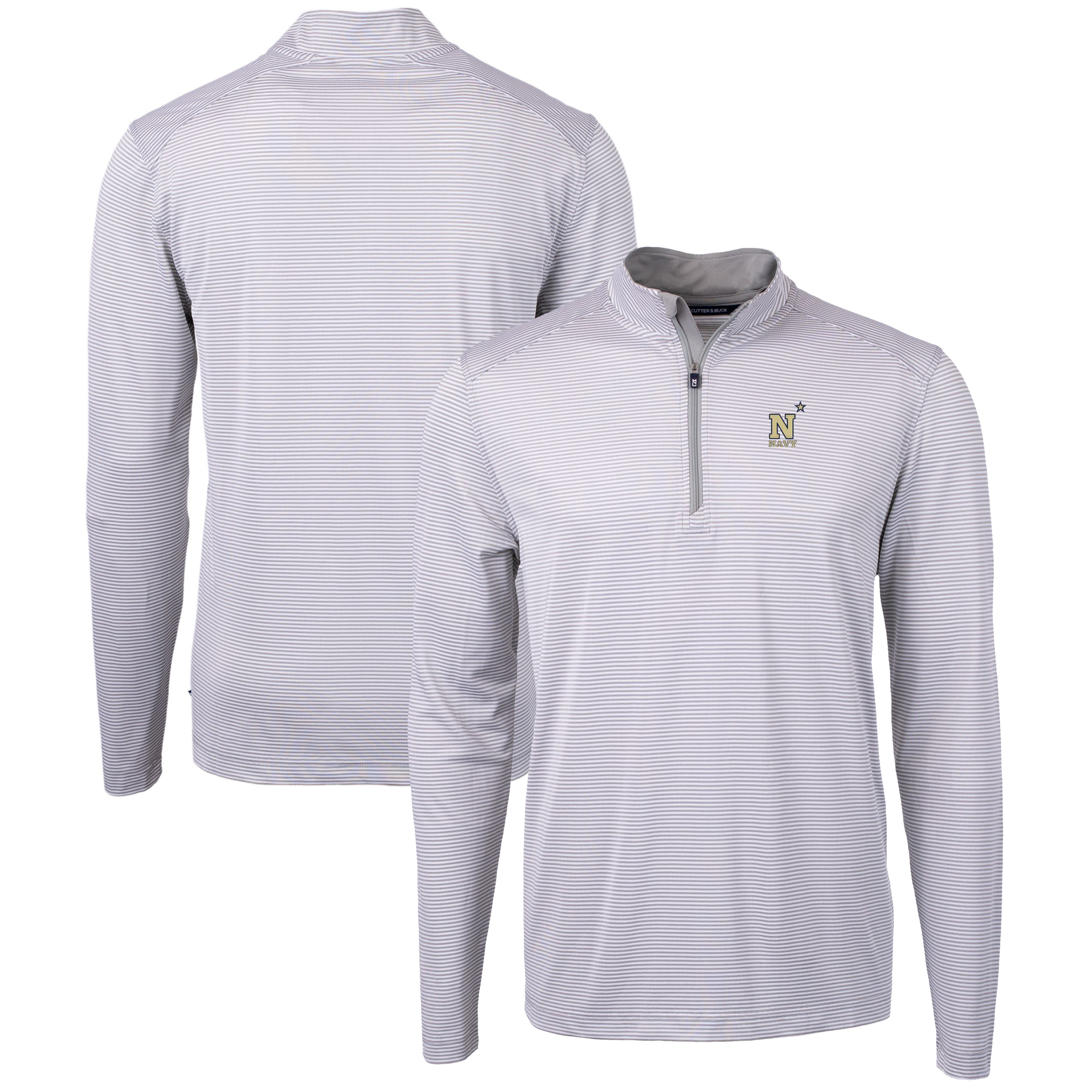 Men's Cutter & Buck Gray/White Navy Midshipmen Big & Tall Virtue Eco Pique Micro Stripe Recycled Quarter-Zip Pullover Top