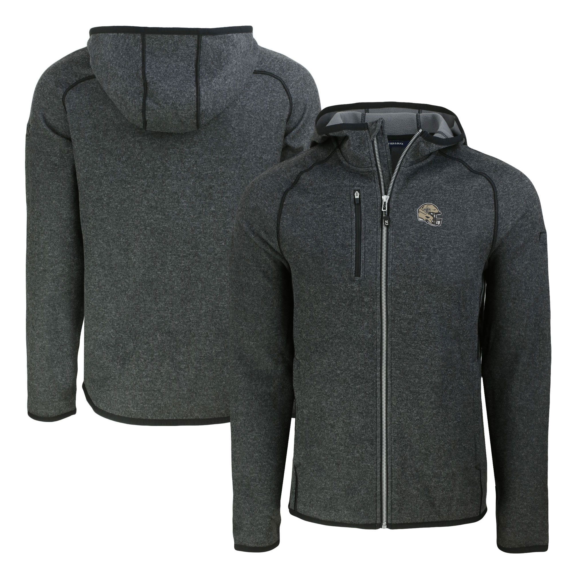 Men's Cutter & Buck Heather Charcoal New Orleans Saints Helmet Mainsail Sweater-Knit Full-Zip Hoodie