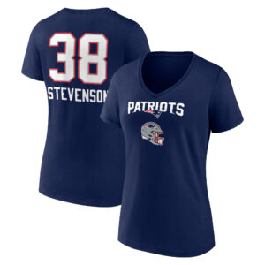 Women's Rhamondre Stevenson Navy New England Patriots Team Wordmark Player Name & Number V-Neck T-Shirt