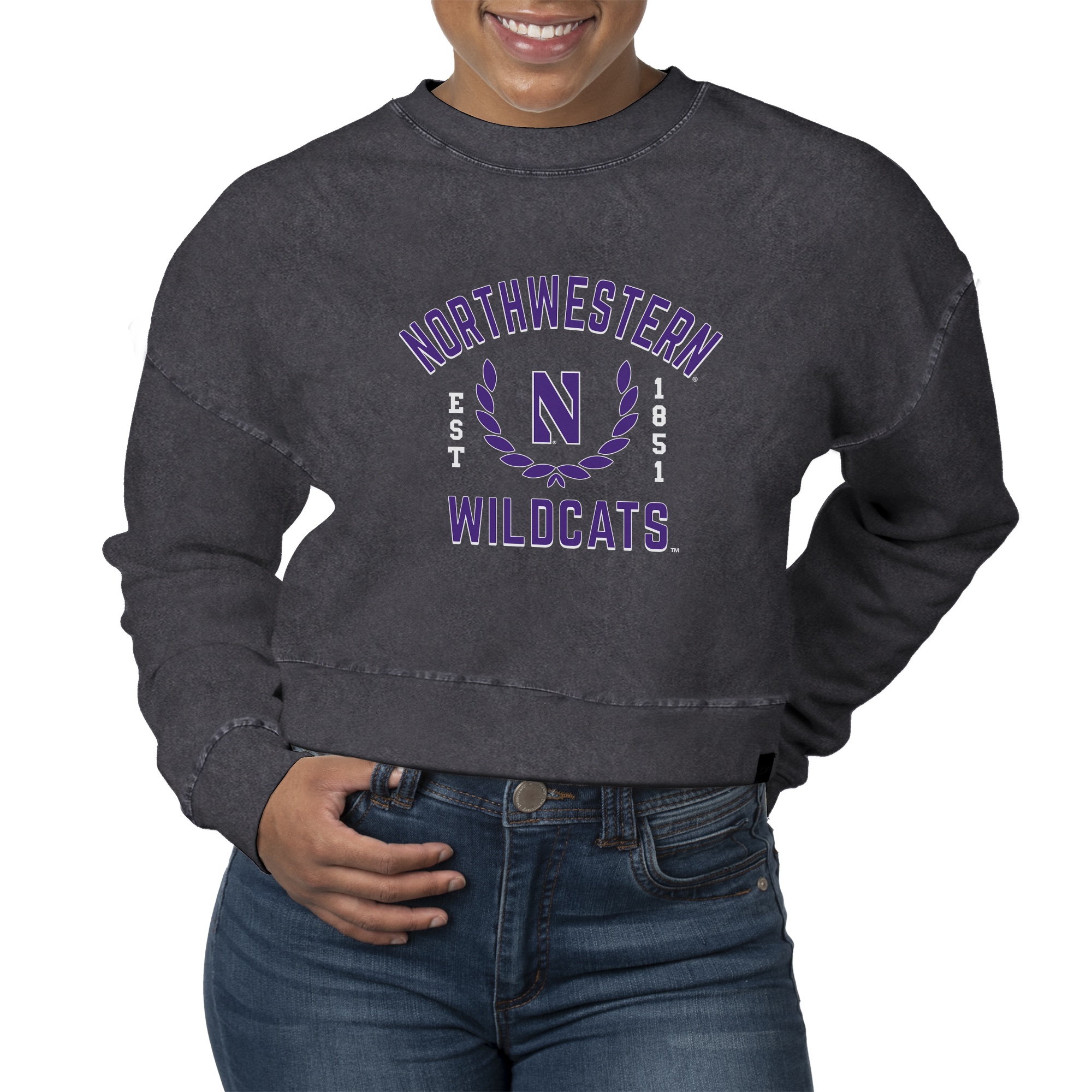 Women's Uscape Apparel Black Northwestern Wildcats Laurels Fleece Crop Pullover Sweatshirt