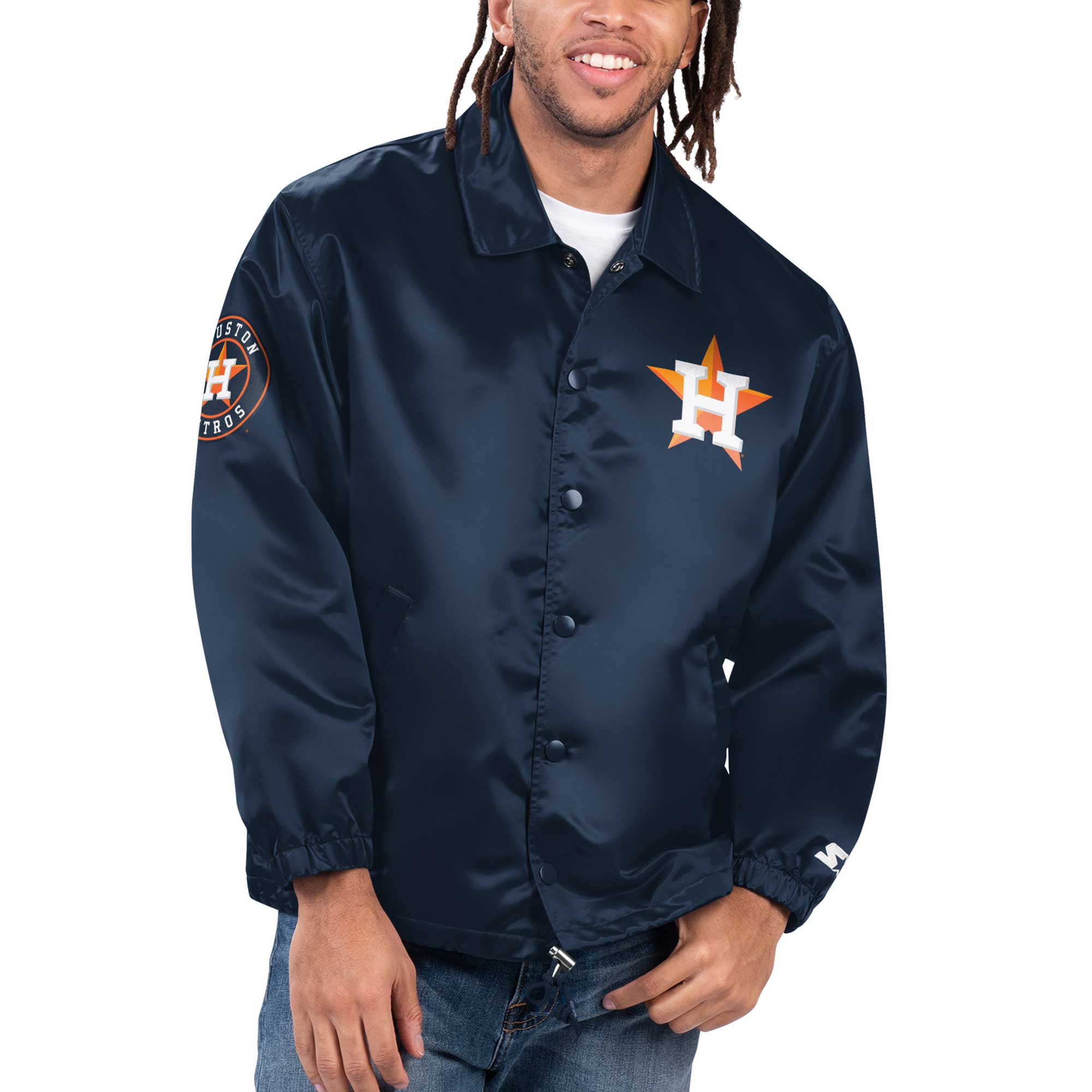 Men's Starter Navy Houston Astros Option Route Satin Full-Snap Jacket - Image 2