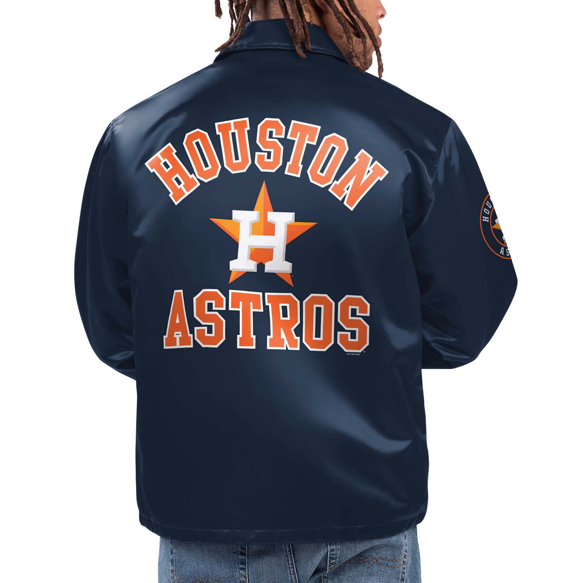Men's Starter Navy Houston Astros Option Route Satin Full-Snap Jacket - Image 5