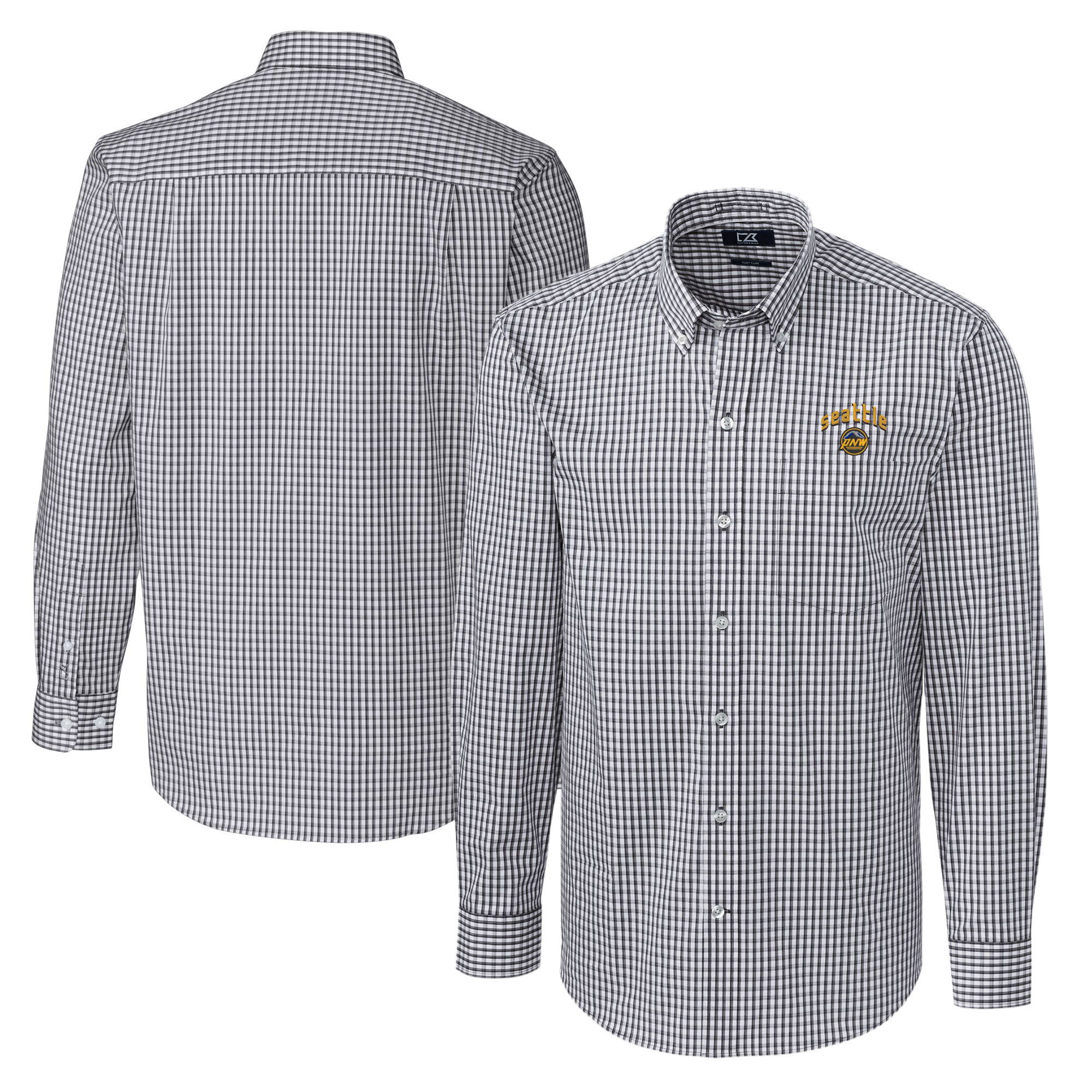 Men's Cutter & Buck Charcoal Seattle Mariners City Connect Easy Care Stretch Gingham Long Sleeve Dress Shirt