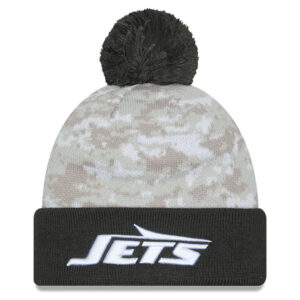 Men's New Era  White/Graphite New York Jets 2024 Salute To Service Digital Camo Cuffed Knit Hat with Pom