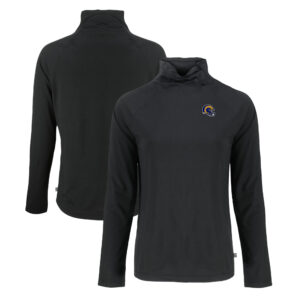 Women's Cutter & Buck Black Los Angeles Rams Coastline Epic Comfort Eco Recycled Funnel Neck Raglan Pullover Sweatshirt