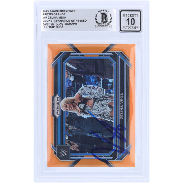 Zelina Vega WWE Autographed 2023 Panini Prizm Orange Prizm #57 #46/99 Beckett Fanatics Witnessed Authenticated 10 Card