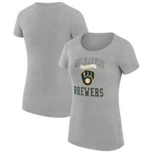 Women's G-III 4Her by Carl Banks Heather Gray Milwaukee Brewers Team Logo Graphic Fitted T-Shirt