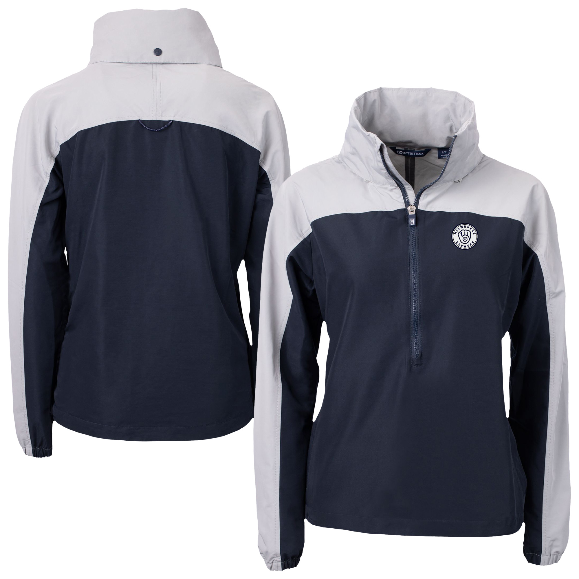 Women's Cutter & Buck Navy/Gray Milwaukee Brewers Charter Eco Recycled Half-Zip Anorak Jacket