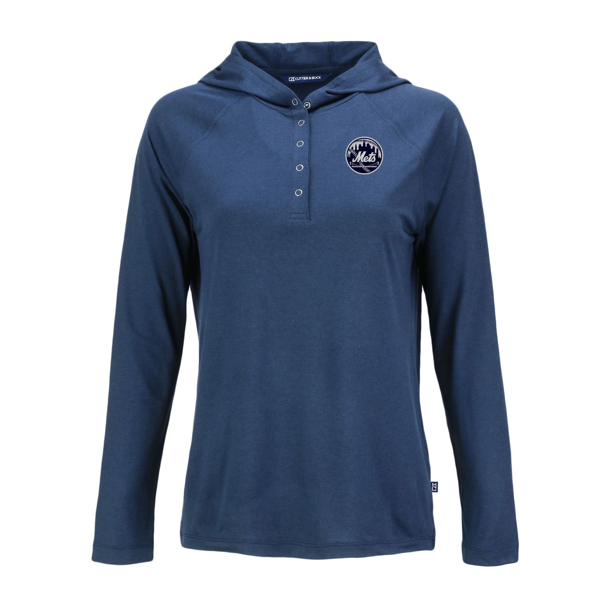 Women's Cutter & Buck Navy New York Mets Coastline Epic Comfort Eco Recycled Raglan Long Sleeve Hoodie T-Shirt - Image 6