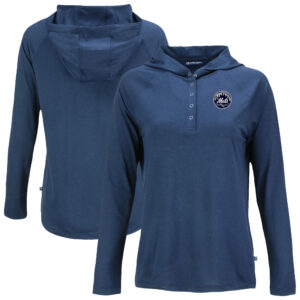 Women's Cutter & Buck Navy New York Mets Coastline Epic Comfort Eco Recycled Raglan Long Sleeve Hoodie T-Shirt