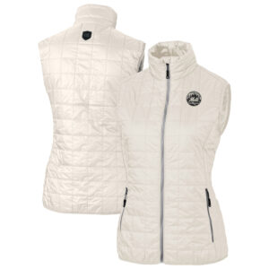 Women's Cutter & Buck Oatmeal New York Mets Rainier PrimaLoft Eco Insulated Full-Zip Puffer Vest
