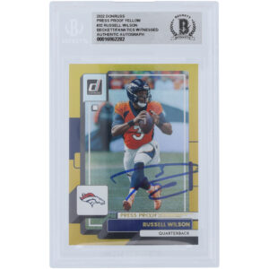 Russell Wilson Denver Broncos Autographed 2022 Panini Donruss Press Proof Yellow #32 Beckett Fanatics Witnessed Authenticated Card