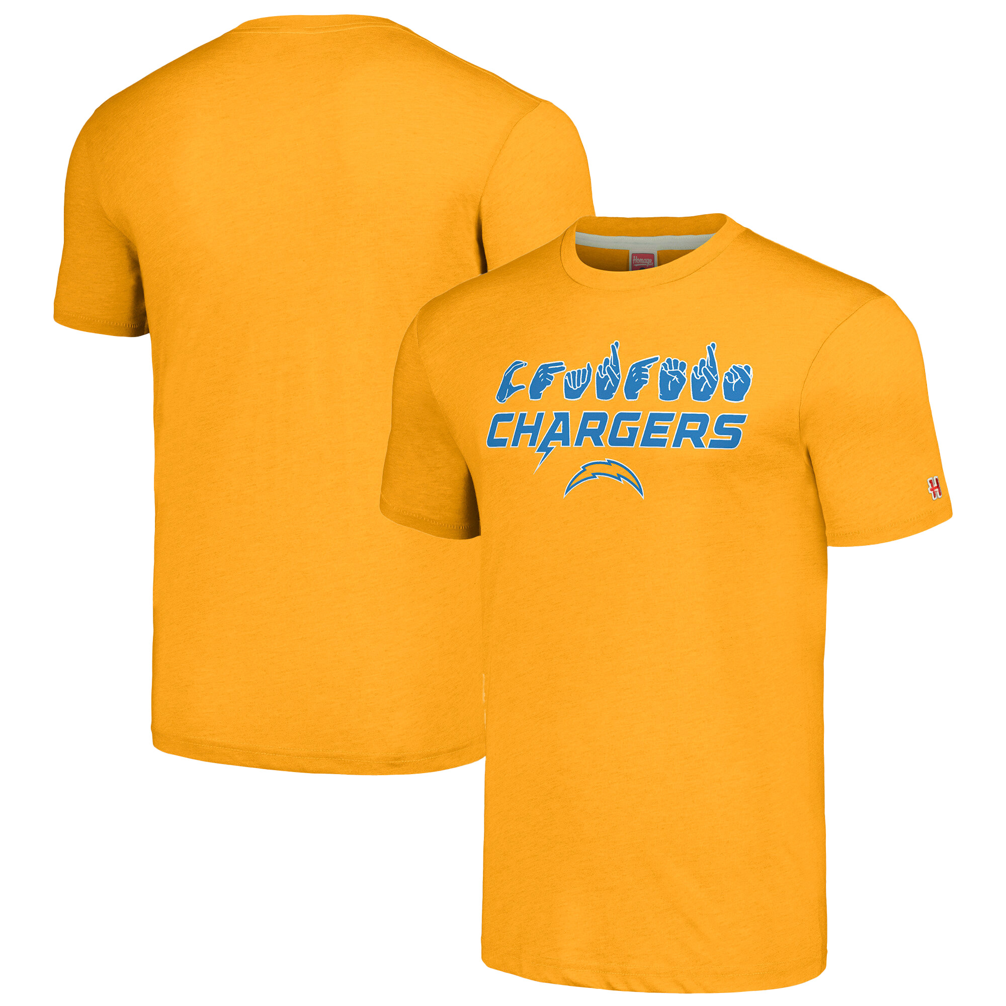 Unisex Homage Gold Los Angeles Chargers The NFL ASL Collection by Love Sign American Sign Language T-Shirt