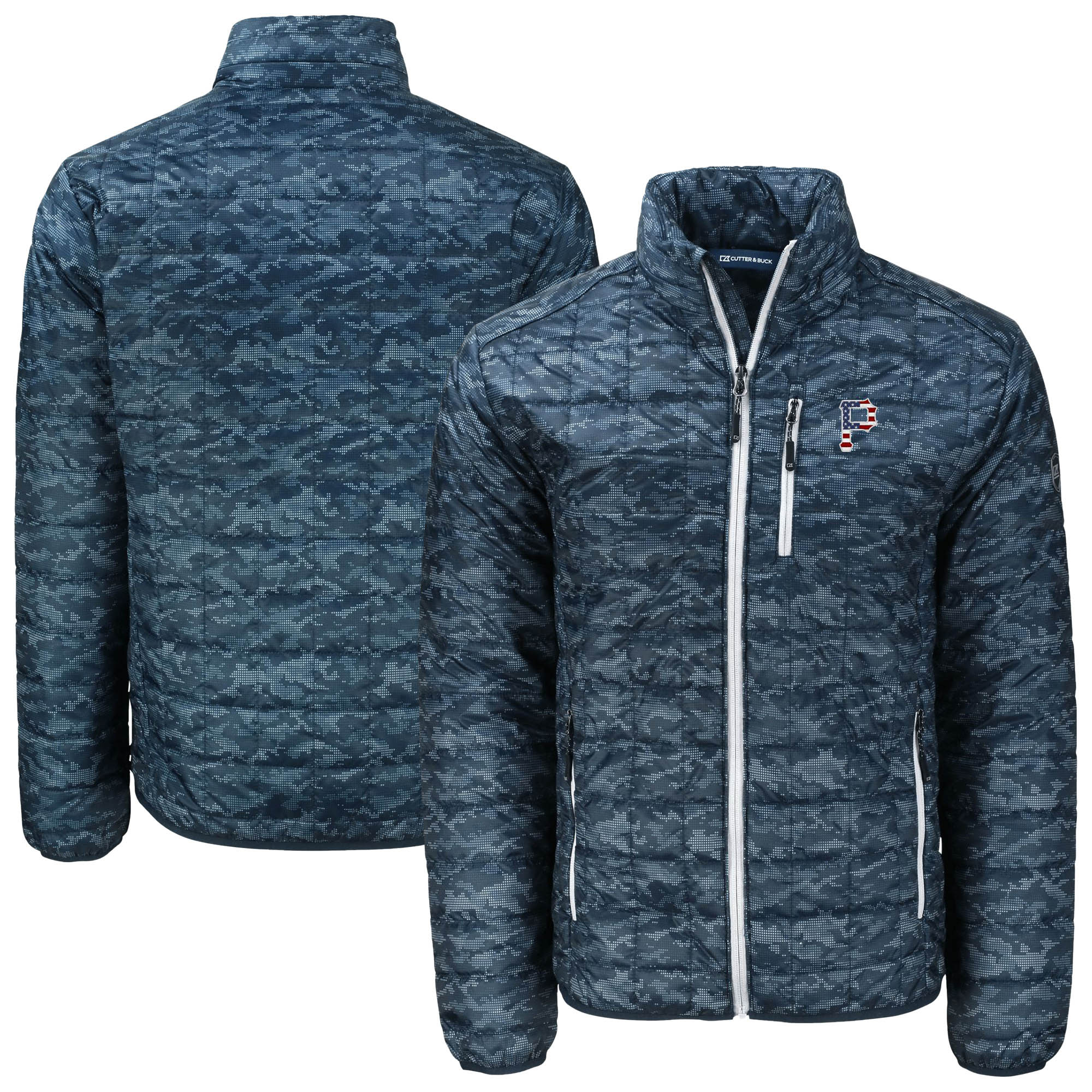 Men's Cutter & Buck Navy Pittsburgh Pirates Rainier PrimaLoft® Eco Insulated Full-Zip Printed Puffer Jacket