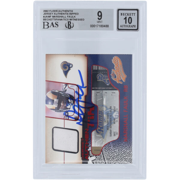 Marshall Faulk St. Louis Rams Autographed 2002 Fleer Authentix Relic Ripped #JA-MF Beckett Fanatics Witnessed Authenticated 9/10 Card
