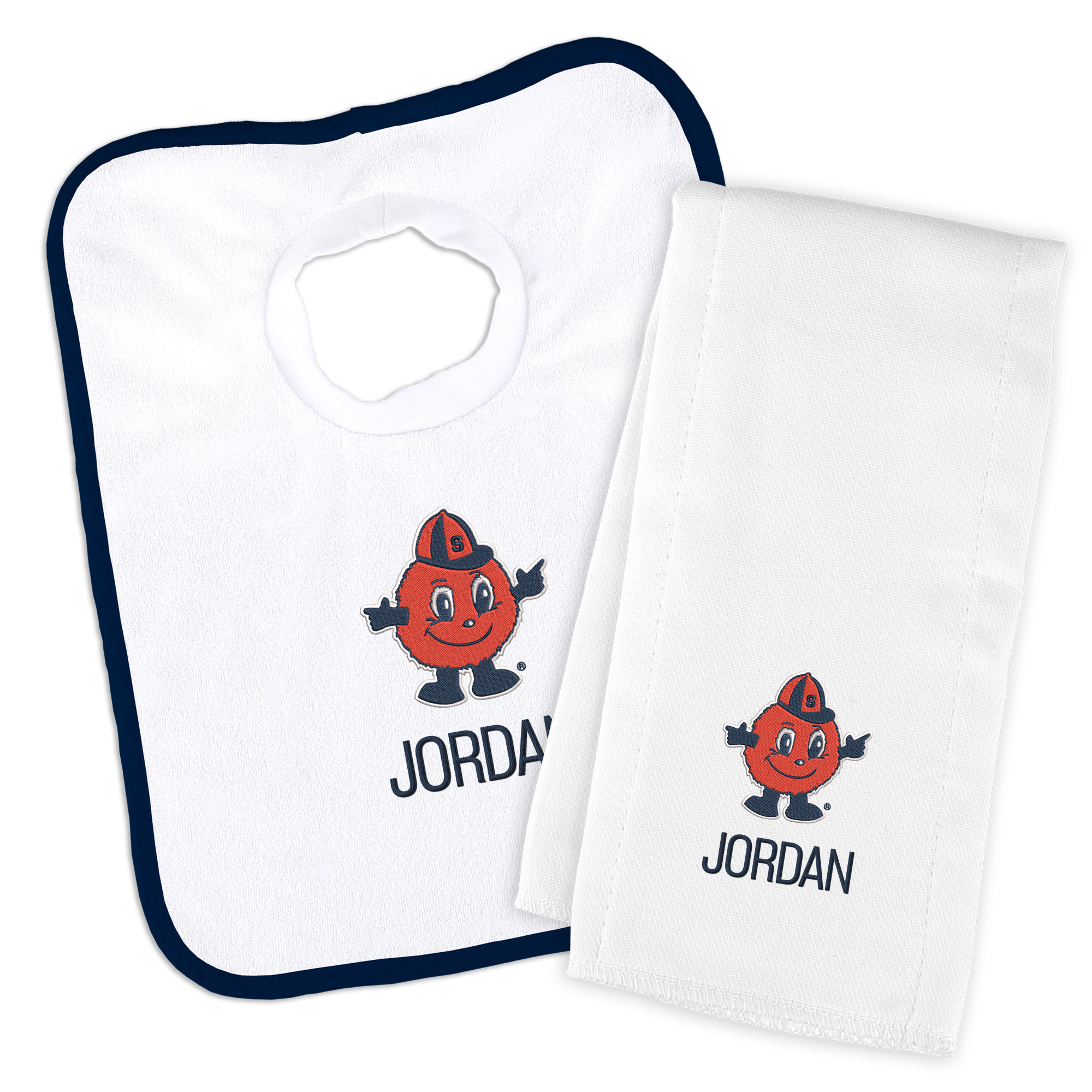 White Chad & Jake Syracuse Orange NCAA Personalized Bib and Burp Cloth Set