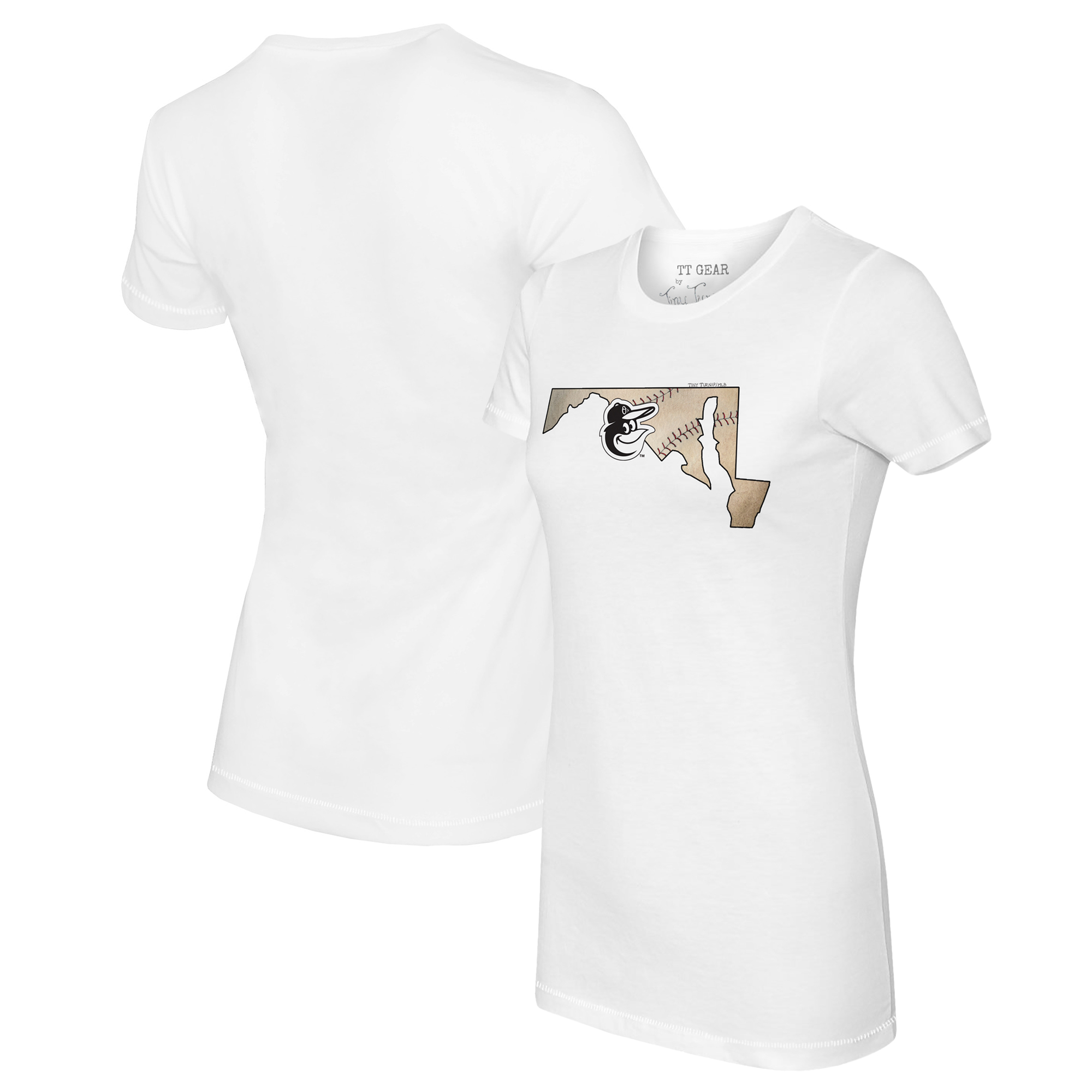 Women's Tiny Turnip White Baltimore Orioles State Outline T-Shirt - Image 5
